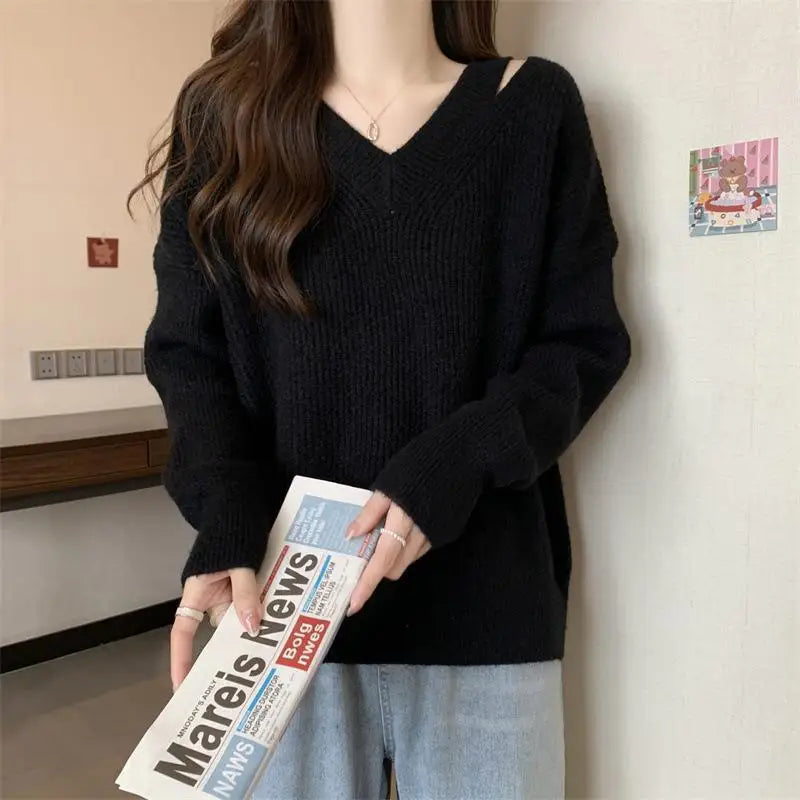 Lazy Style Sweater Long Sleeve Top Autumn Winter Solid Color Casual Women's Outside Wear Pullovers Knitting V Neck Pull Femme