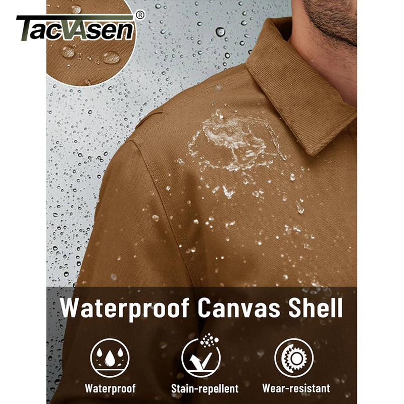 TACVASEN Heavy Duty Canvas Work Jackets Mens Construction Duck Retro Jacket Sherpa Waterproof Warm Winter Coats Cotton Pockets