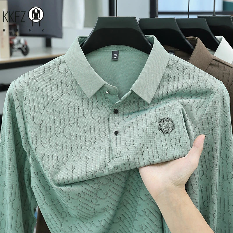 Mens Mesh Fabric Polo Shirt Short Sleeve Turn Down Collar Allover Letter Print Chest Embroidery Relax Fit Office Top