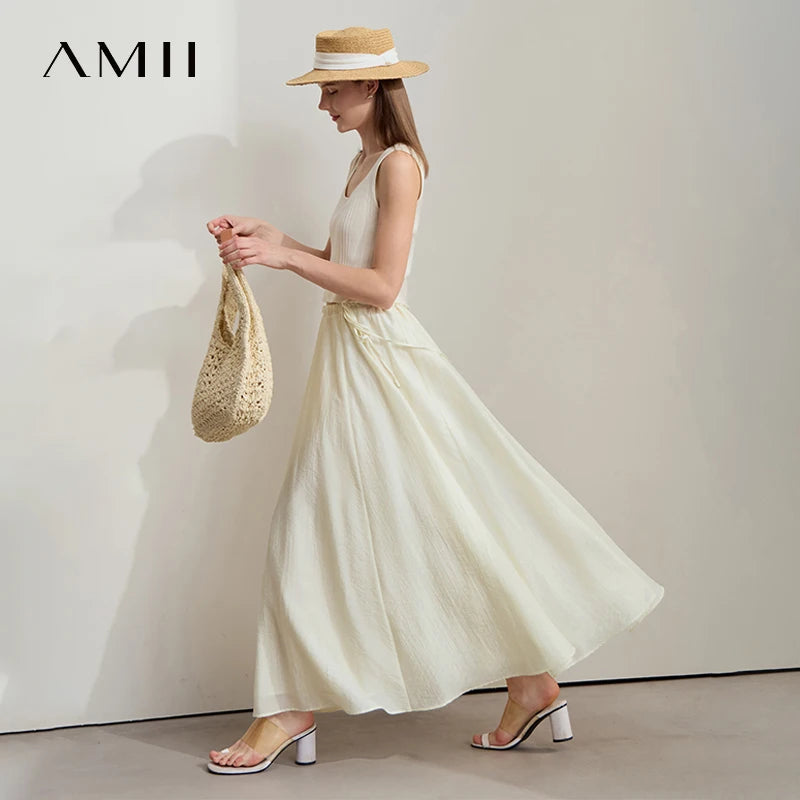 សំពត់ Amii ថ្មី Minimalist ប្រវែងជង្គង់ A-Line សម្រាប់នារី ស្លៀកជាមួយខ្សែចង ពណ៌រឹង អាចលៃតម្រូវបាន ស្ទីលធ្វើដំណើរ សំពត់រលុង 12522025