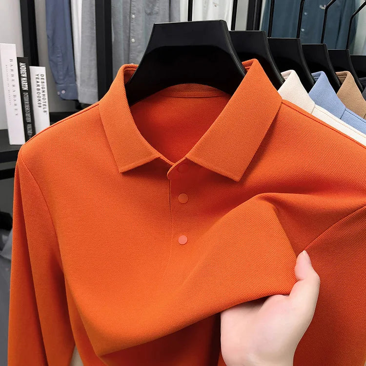 Men's Premium Long Sleeve Polo Shirt - Mercerized Pique Cotton, Seamless Collar and Cuff Design (12 Colors Available)