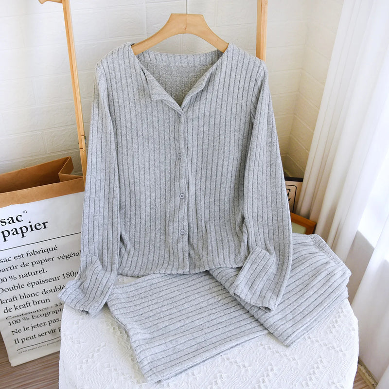 Breast Pad Long Sleeve Tops Pant Pajama Set Korean Plush Autumn Winter Home Suit Casual Slim Long Sleeve Sleepwear Pijama Women