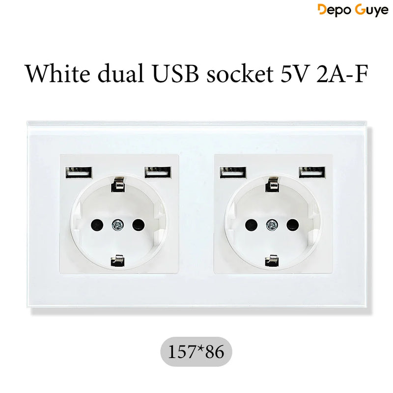 European Standard 4 Gang Wall Power Socket 16A Glass Panel with Three USB Type-C Ports White Black Industrial Home Hotel