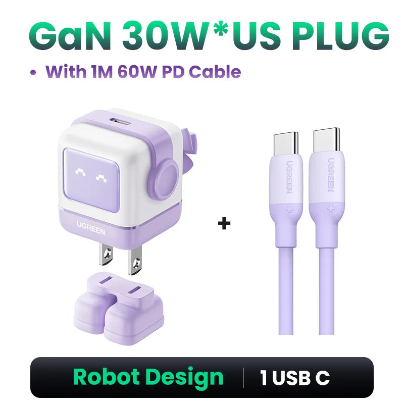 【US Plug】UGREEN 30W 65W GaN Charger Robot Design PD3.0 Fast Charger PPS for iPhone 18 17 Macbook Laptops Samsung XiaomiTablets