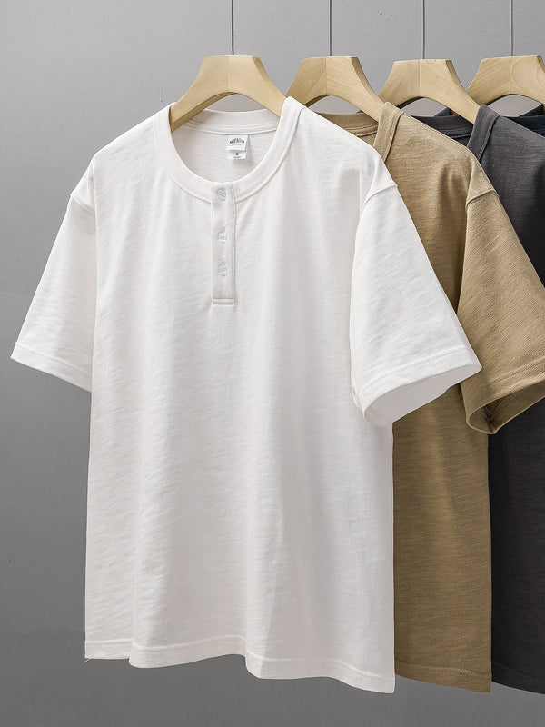 Dukeen 320g Heavyweight Henley Shirt for Men Short Sleeved Summer 100% Cotton Oversized White T Shirt Man Clothing