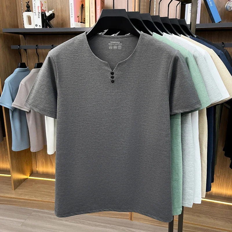Men Henley Neck T Shirt With Classic Placket Short Sleeve Ideal For Everyday Office Work And Casual Wear Activities
