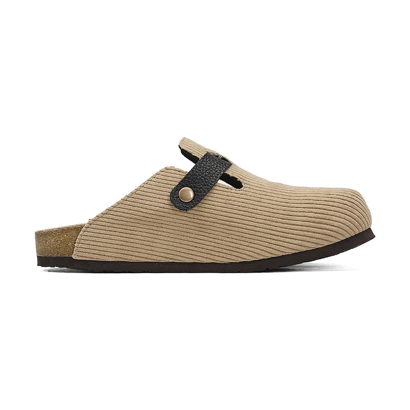 Men Women Corduroy Clogs, Adjustable Buckle Cork Footbed Mules, Closed-Toe Comfort Slip-On Shoes for Indoor & Outdoor