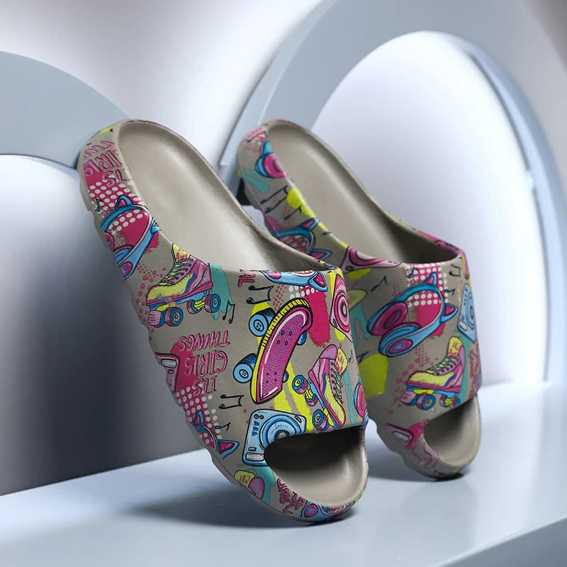 Hip Hop Music Graffiti Printed Slide Sandals Soft Cushioned EVA Cloud Slides Indoor Outdoor Beach Shower Slippers Big Size