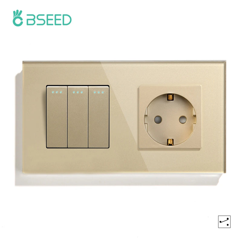 BSEED Mechanical Light Switch Wall Socket Glass Frame 1/2/3Gang 2Way Wall Switch Power Outlet Button Switches Wall Socket