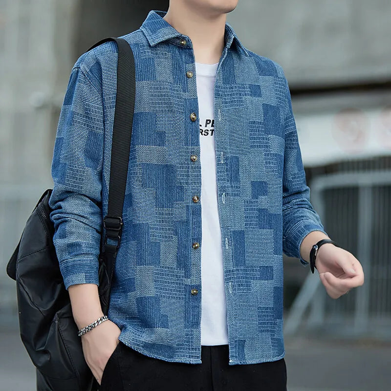 2026 Men's Blue Denim Long Sleeve Shirt,Black Single Breasted Lapel Plaid Shirts, Fashion Casual Loose Top