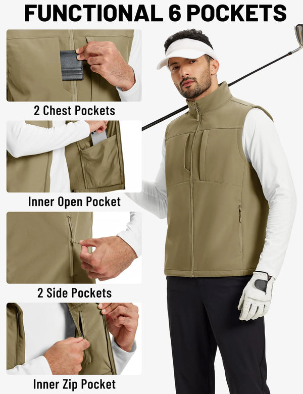 TACVASEN Mens Winter Warm Fleece Vest Jacket Multi Pockets Softshell Sleeveles Coats Waterproof Breathable Outdoor Outwear