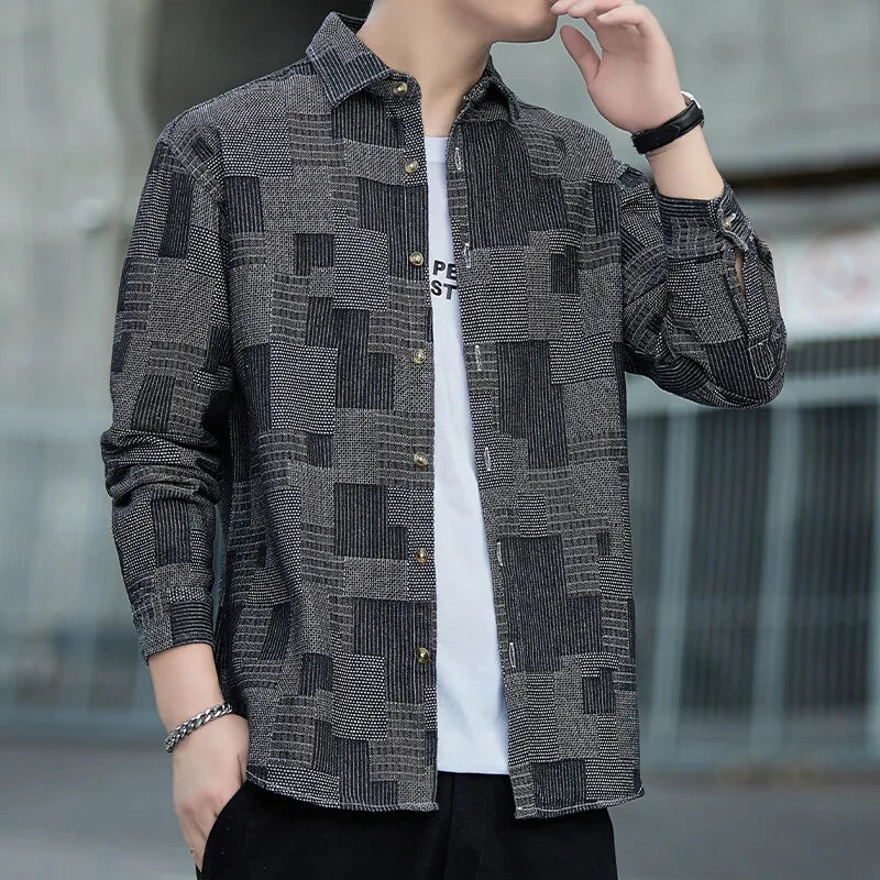 2026 Men's Blue Denim Long Sleeve Shirt,Black Single Breasted Lapel Plaid Shirts, Fashion Casual Loose Top