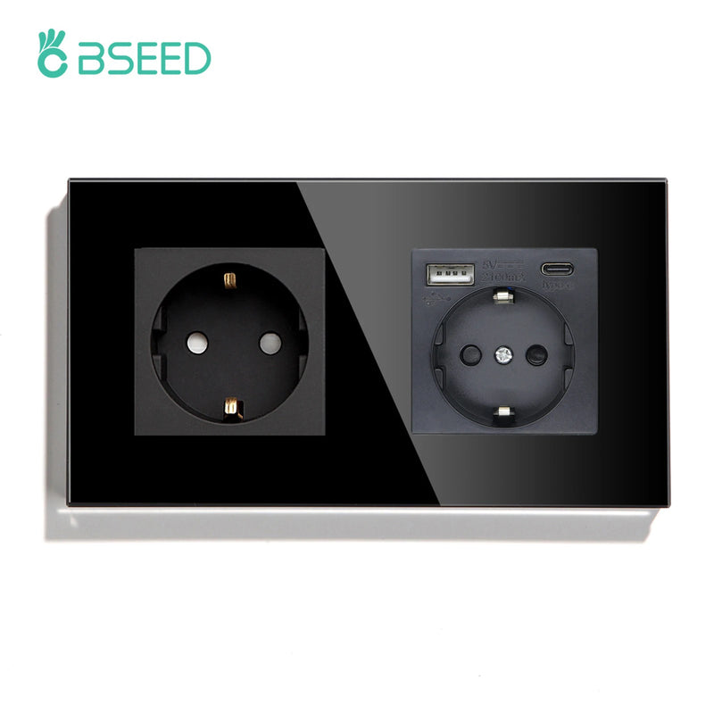 BSEED EU Standard Sockets Single Wall Socket Double Frame Socket with USB Outlets Glass Panel Triple Type-C Sockets For Home