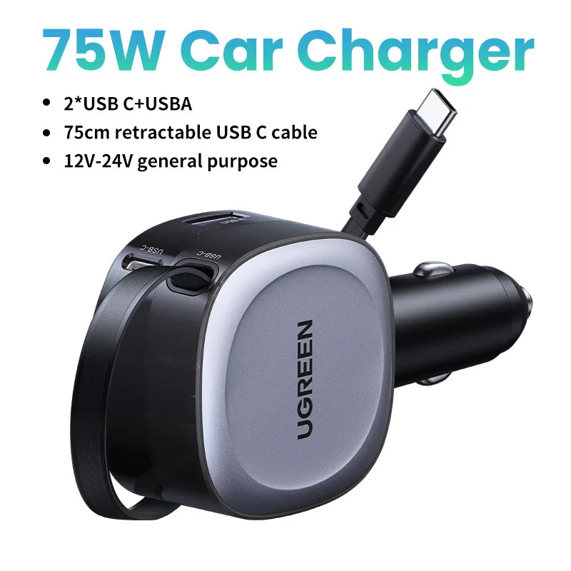 UGREEN 75W Car Charger 2 in 1 Retractable Cable SCP 25W QC PD 30W Fast Car Phone Charger For iPad iPhone 17 16 15 14 Pro Samsung