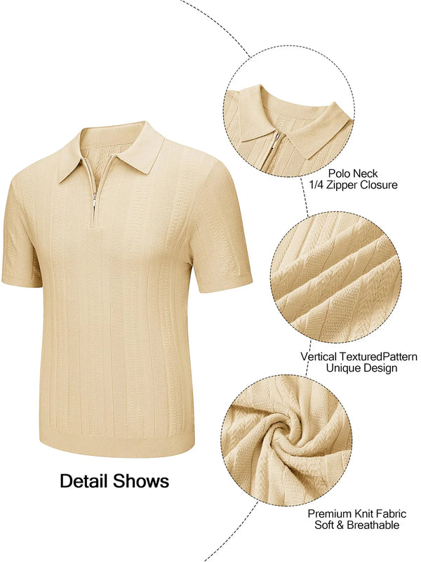 TACVASEN Men's Zipper Polo Shirt Short Sleeve Textured Knit Polo Casual Stretchy Golf Shirt Fit Summer Breathable  Polo Top