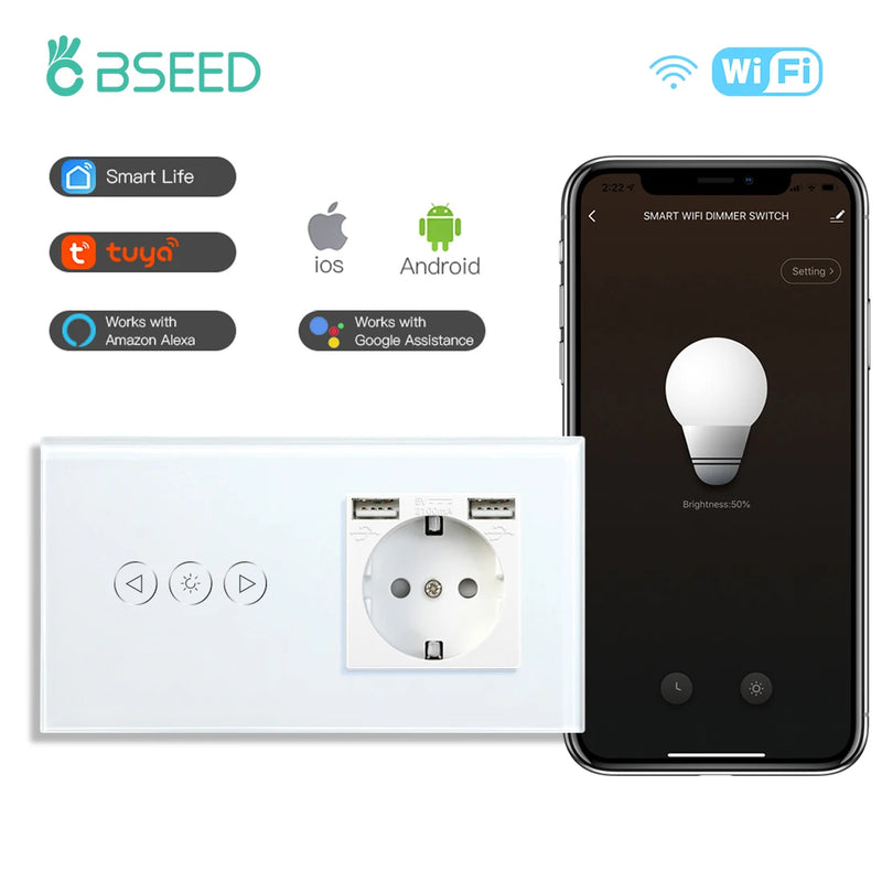 BSEED Wifi Dimmer Switch Smart Dimmable Touch Switch With EU Socket Glass Panel Support Tuya Smart Life Google Home Control