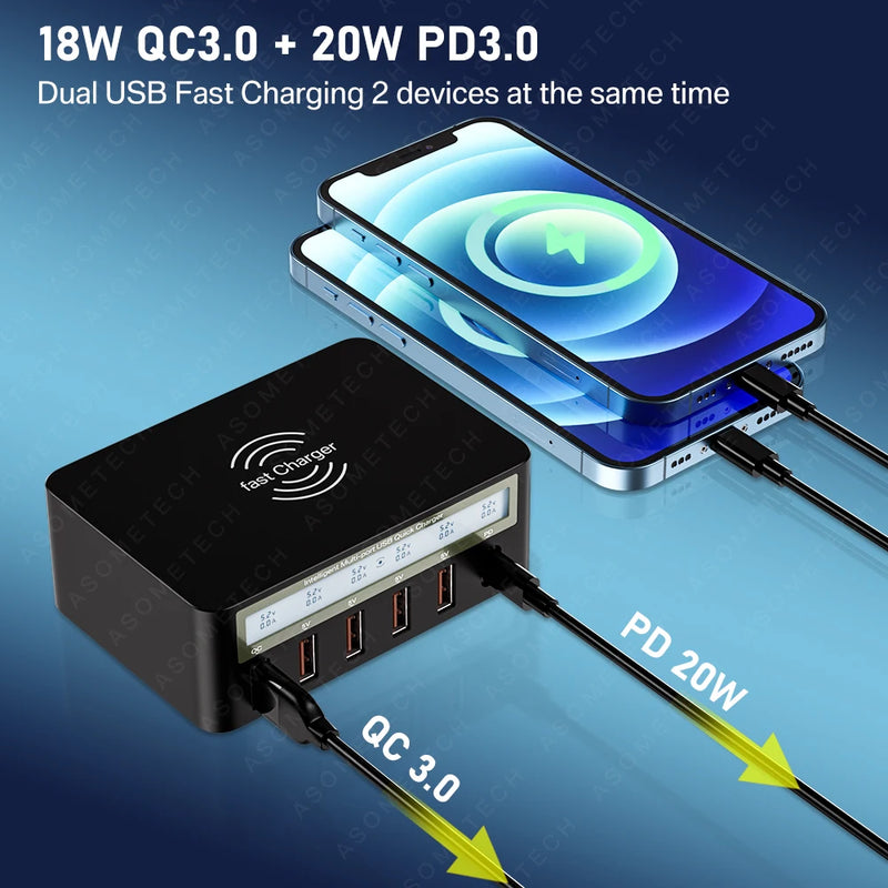 ឆ្នាំងសាក USB 6 រន្ធ សាកលឿន ឆ្នាំងសាកឥតខ្សែ អាដាប់ទ័រឆ្នាំងសាកលឿន USB C PD ឆ្នាំងសាកទូរស័ព្ទ សម្រាប់ iPhone 13 12 11 Samsung Huawei