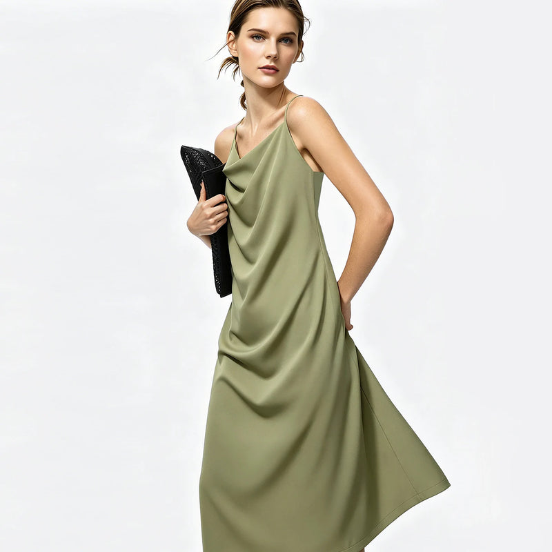 Amii Midi Dresses 2026 Summer New Cowl Neck Fitted Waist Maxi Elegant Office Casual Spaghetti Strap Long Womens Dresses 12652042
