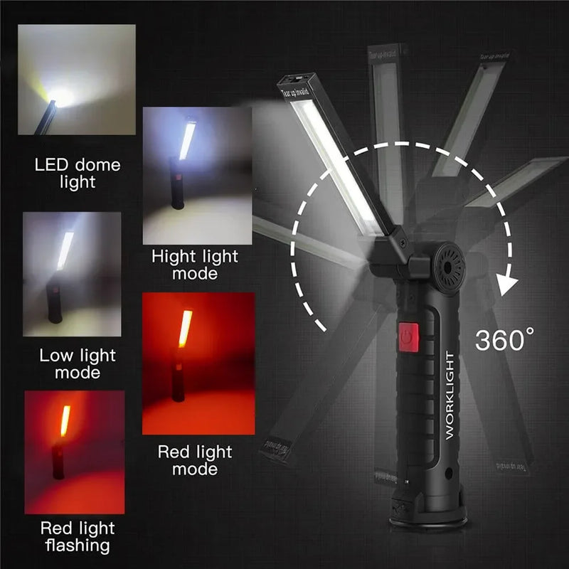 ភ្លើងការងារចល័ត COB LED ពិល USB អាចសាកបាន ចង្កៀងព្យួរម៉ាញេទិក Lanterna ជាមួយថ្មដែលភ្ជាប់មកជាមួយ ពិលបោះជំរុំ