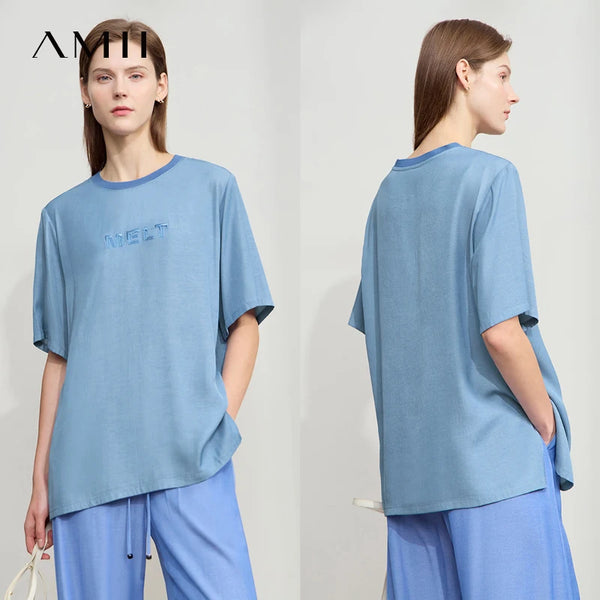 អាវយឺត Amii Minimalist សម្រាប់នារី រដូវក្តៅ ឆ្នាំ២០២៦ ថ្មី ប៉ាក់អក្សរ TR Denim រលុង អាវការិយាល័យ ស្លីម ពណ៌ចម្រុះ លេខ ១២៥២២០១៧