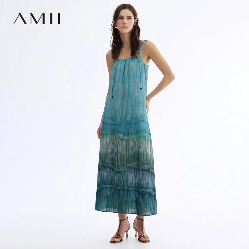 Amii Tie Dye Women's Dress 2026 Summer New Printed Slip Strap Sleeveless Holiday Casual Long Spaghetti Dress For Women 12652063