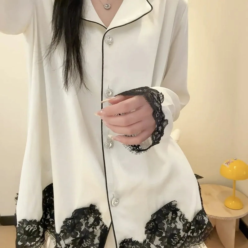 Spring Autumn Ice Silk Women's Sleepwear Pajama Set Long Sleeve Buttons Lapel Top with Elastic Pants Nightwear 2 Piece Nighty