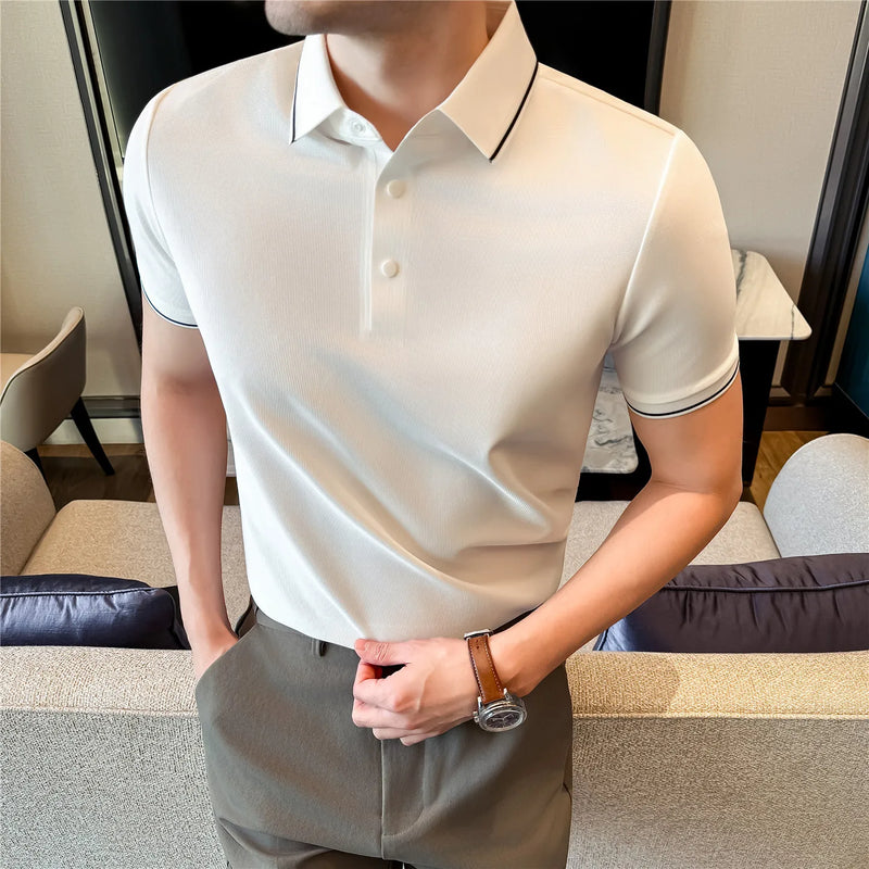 Men’s Slim Fit Polo Shirt with Contrast Collar Wrinkle-Free, Odor-Resistant Business Casual Top Sun-Friendly Fabric