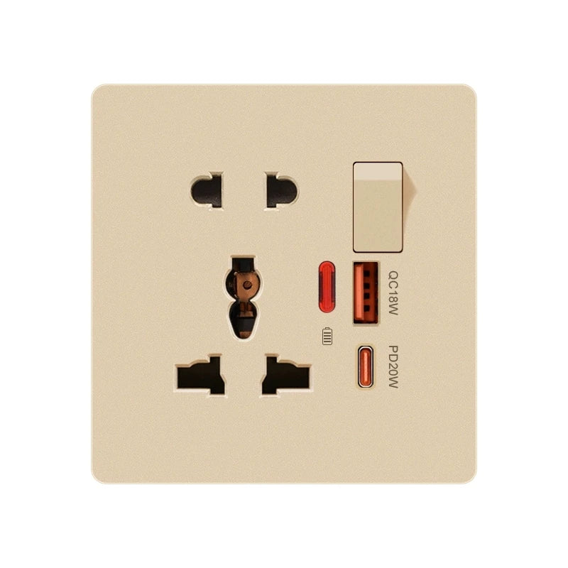 Universal 3/5Pin Smart Socket With 20W Fast Charging Type-C Port,UK Plastic Electrical Wall Double USB Power Outlet AC 110V-250V