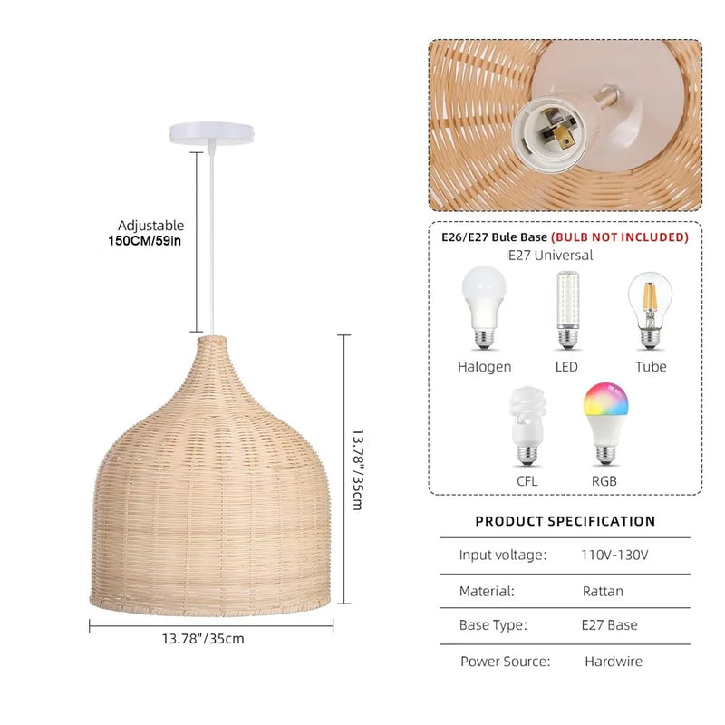 JOYINLED Woven Pendant Light Kitchen 26/35CM Handmade Ceiling Lighting Chandelier, Large Hanging Lampshade Fixture Home Decor