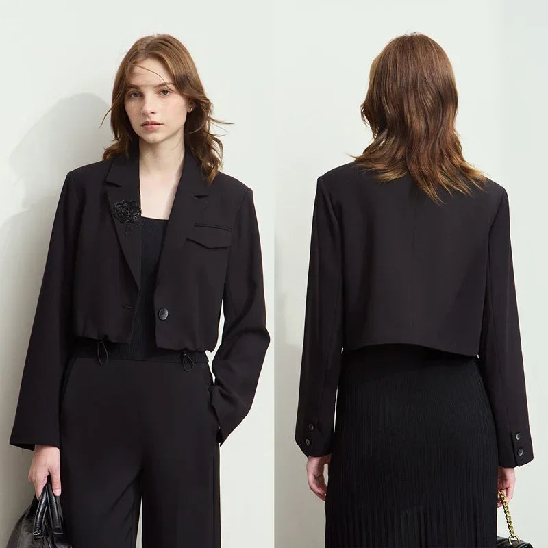 Amii 2026 Short Jacket Women's Shoulder Padded Suit Collar Rose Beaded Embroidery Autumn Long-sleeve Commuter Top 12521069