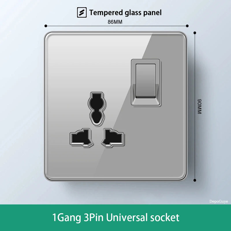 Deluxe Grey Tempered Glass Panel UK 13A Plug Electrical Socket, Double 5 Pin Socket and Switch, EU Universal USB C Wall Socket