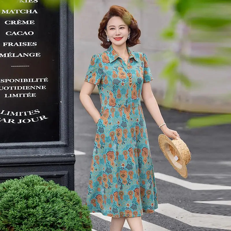 សម្លៀកបំពាក់រដូវក្តៅសម្រាប់ស្ត្រី រ៉ូបខ្លីដៃអាវខ្លីបែប Vintage បោះពុម្ព