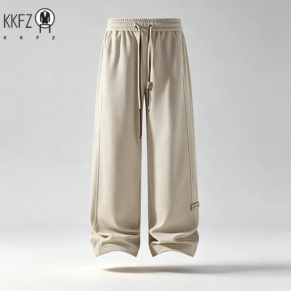 Men Comfort Loose Straight Waffle Trousers Elastic Waistband Drawstring Design Tag Decor Male Street Daily Wear Pants