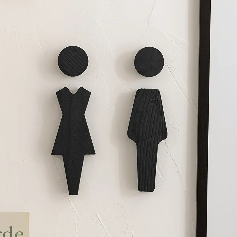 2Pcs Elegant Black Solid Wood Bathroom Sign-Stylish Restroom Decor with Floral Accents,Wall-Mounted for Men'S and Women'S Toilet