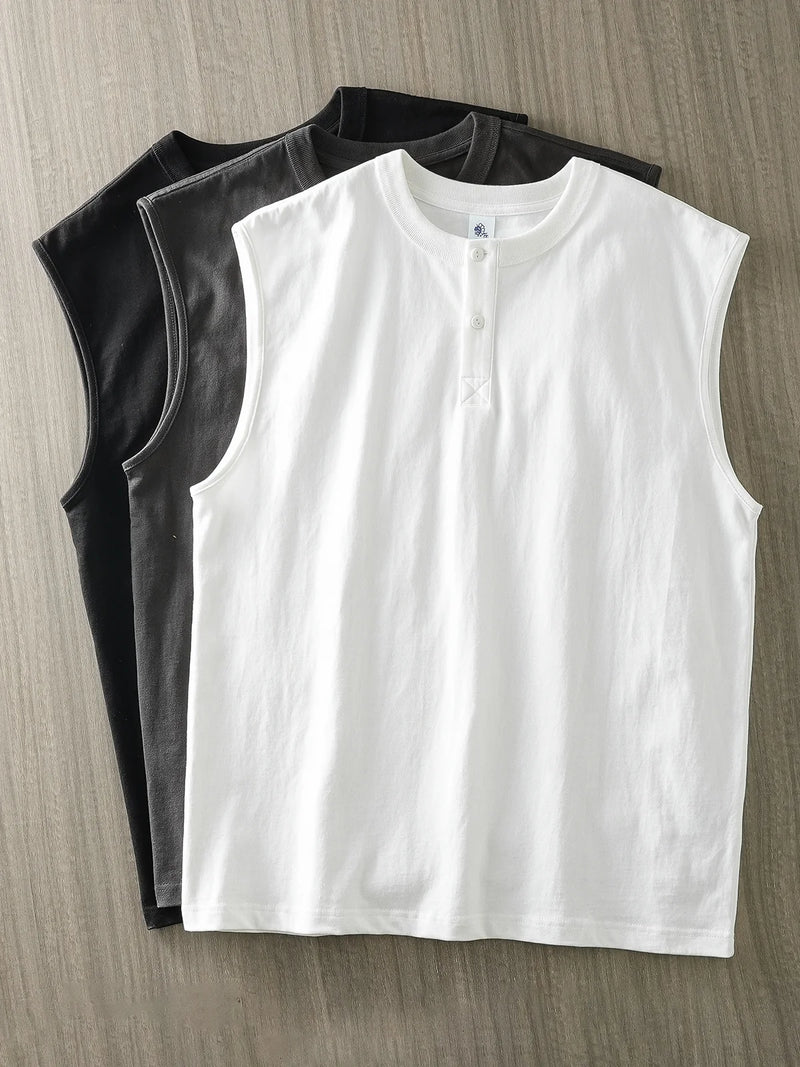 DUKEEN 100% Cotton Henley Collar Vest Men's Clothing Sleeveless Tops Oversized T-Shirt Solid Color Gym T-Shirt Man 11.3Oz