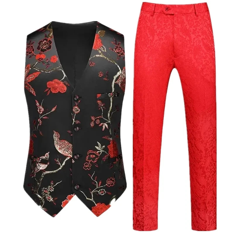 Men's Red Two-Piece Set, Sleeveless V-neck Vest with Trousers, White, Black, Red, Silver, Green,Purple To Choose From!