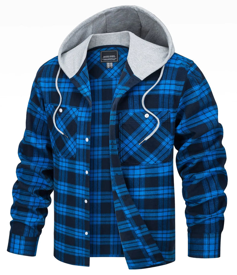TACVASEN Men's Flannel Long Sleeve Hoodie Plaid Shirts Lightweight Cotton Button Down Casual Shirts with Pocket 2026 New Fashion
