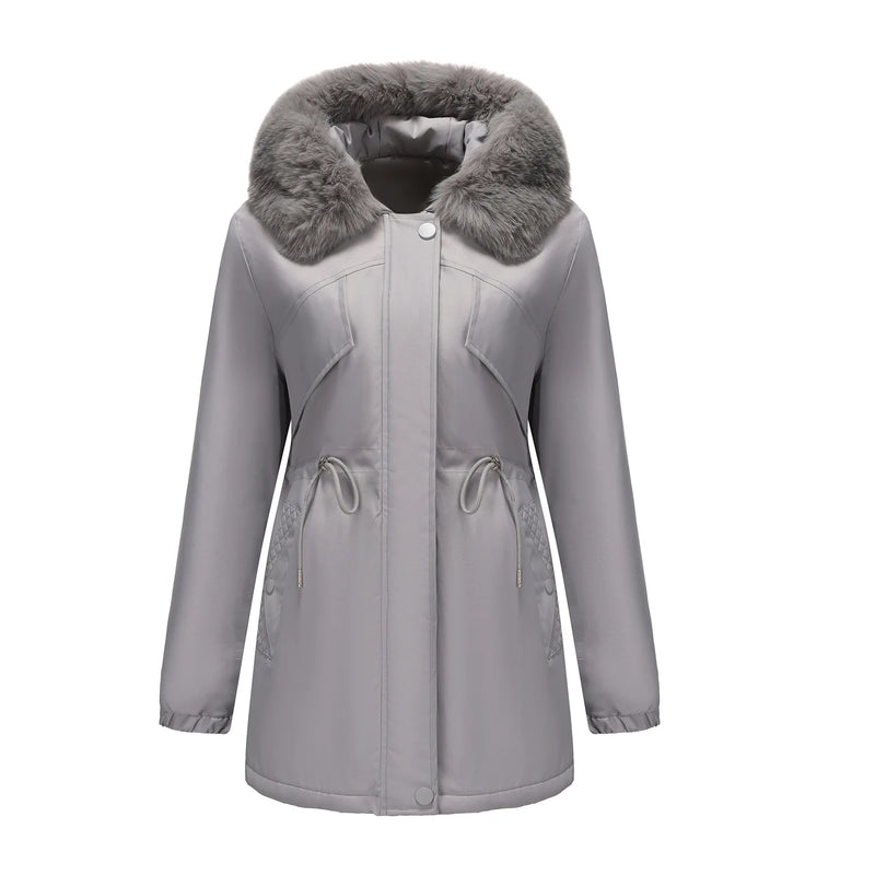 Women's Beige Mid-length Thick Jacket, Blue Knee-length Parka, Fitted Fur-trim Casual Overcoat, Stylish and Warm Trench Coat.
