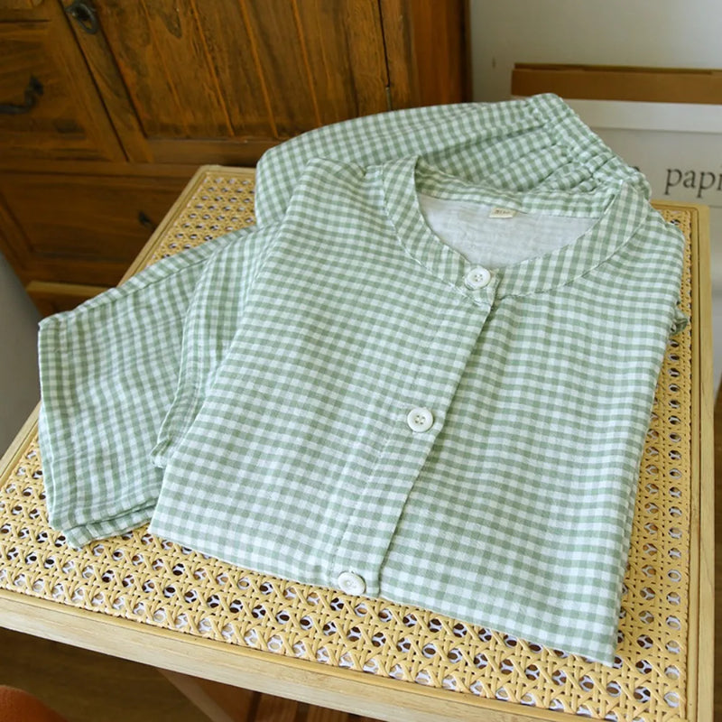 Plaid Sleepwear Clothes For Men's and Women's Cotton Summer Short Sleeved Long Pants Two-Piece Pajamas Set Couple Home Clothes