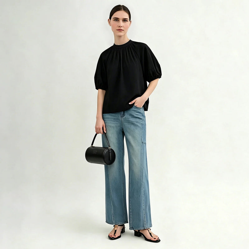 Amii Women's Shirt 2026 Summer New Stand Collar Lantern Dolman Sleeve 100% Cotton Blouse Loose Casual Short Top Female 12642176