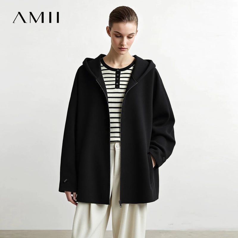 Amii Mid-Length Zip Up Hooded Loose Fit Drop Shoulder Minimalist Casual Commuter Winter 2026 Women's Knit Jacket 12654002