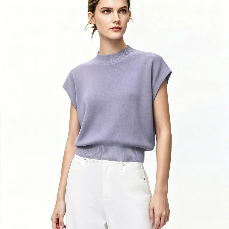 Amii 2026 Summer New Women Mock Neck Knit Pullover Soild Cropped Short Sleeves Top Slim Fit Casual Elegant Sweater 12622210