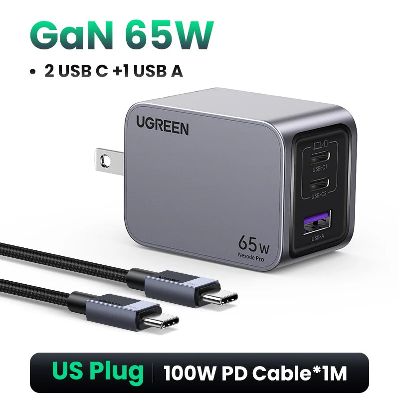 UGREEN 65W GaN Charger Type C Quick Charge 4.0 3.0 USB Charger For iPhone 18 17 16 Pro Macbook Air Laptop Tablet PD Fast Charger