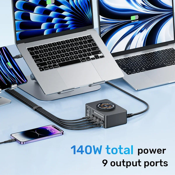 ស្ថានីយសាកថ្មឥតខ្សែលឿន 140W Multi USB-C ជាមួយអេក្រង់ LED PD QC 3.0 សាកថ្មលឿនសម្រាប់ iPhone 14 13 Samsung Xiaomi