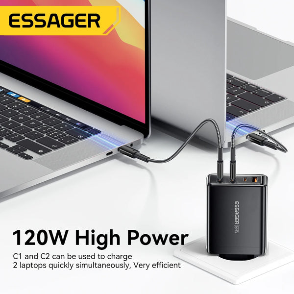 ឆ្នាំងសាក Essager 120W GaN ឆ្នាំងសាក 4 ក្នុង 1 USB C PD លឿនសម្រាប់ Macbook Laptop iPhone 17 16 15 14 Pro Max Samsung iPad ឆ្នាំងសាកលឿន