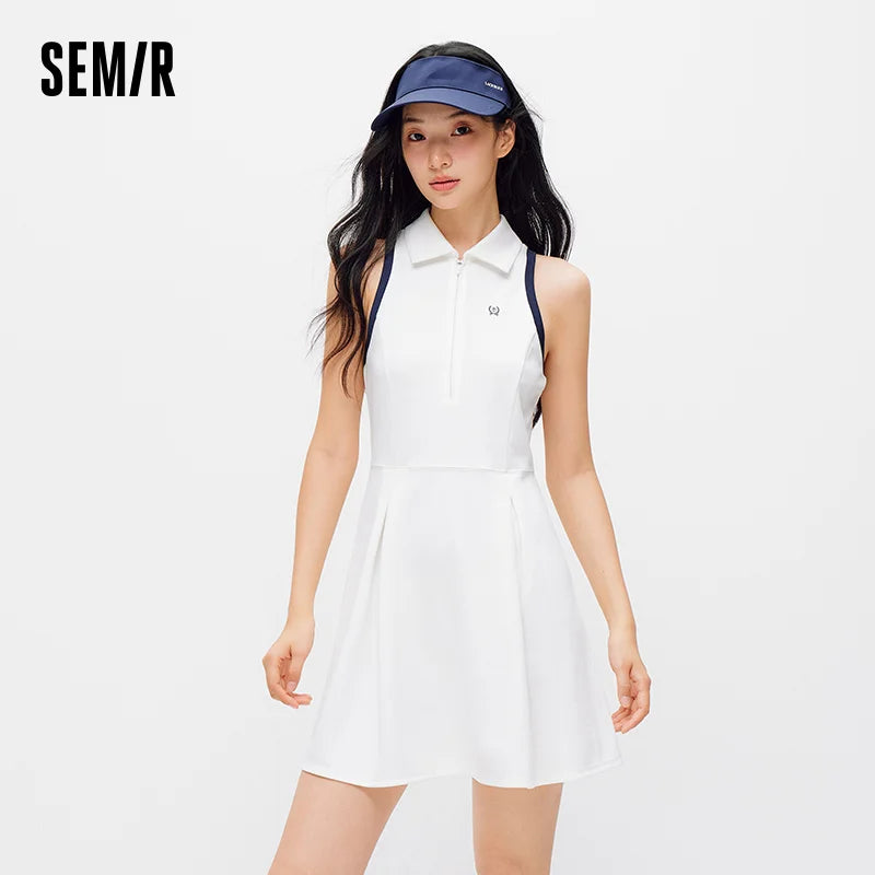 Semir Women Dress Pleated Color Block Polo Collar Minimalist Sporty Tank Mini 2026 Summer Casual Top