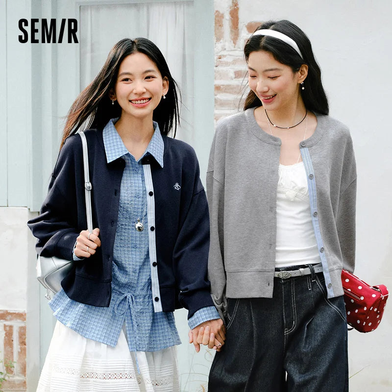 Semir Layered Jacket Women 2026 Spring Short Crew Neck Striped Spliced Loose Drop Shoulder Embroidered Casual Fashion Top