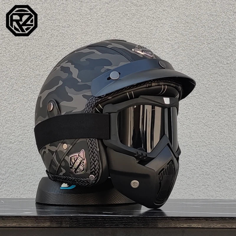 PU leather retro coffee shop racing 3/4 jet exposed motorcycle helmet, adult men's and women's cruiser scooter half helmet