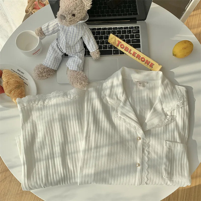 High Quality Korean White Pajamas For Women Sweet Lace Cotton Sleepwear Set Long Sleeve Spring Autumn Home Wear Pijamas Suit