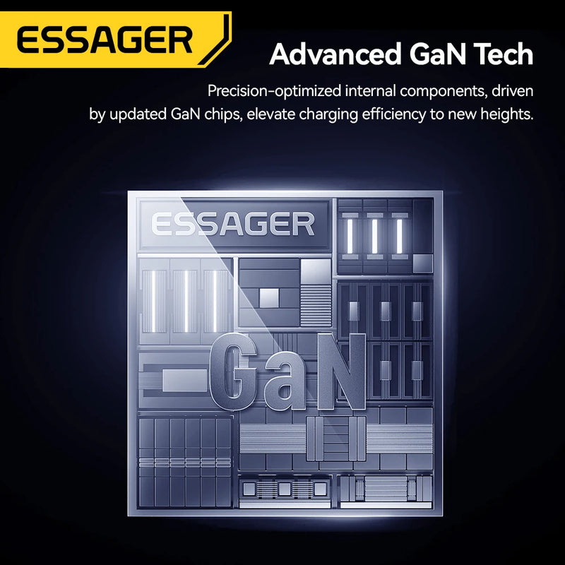 ឆ្នាំងសាក Essager Ultra Thin 65W GaN Pro Travel Charger Quick Charge 4.0 PD3.0 សាកថ្មចល័តប្រភេទ C សម្រាប់ iPhone Samsung Macbook Laptop